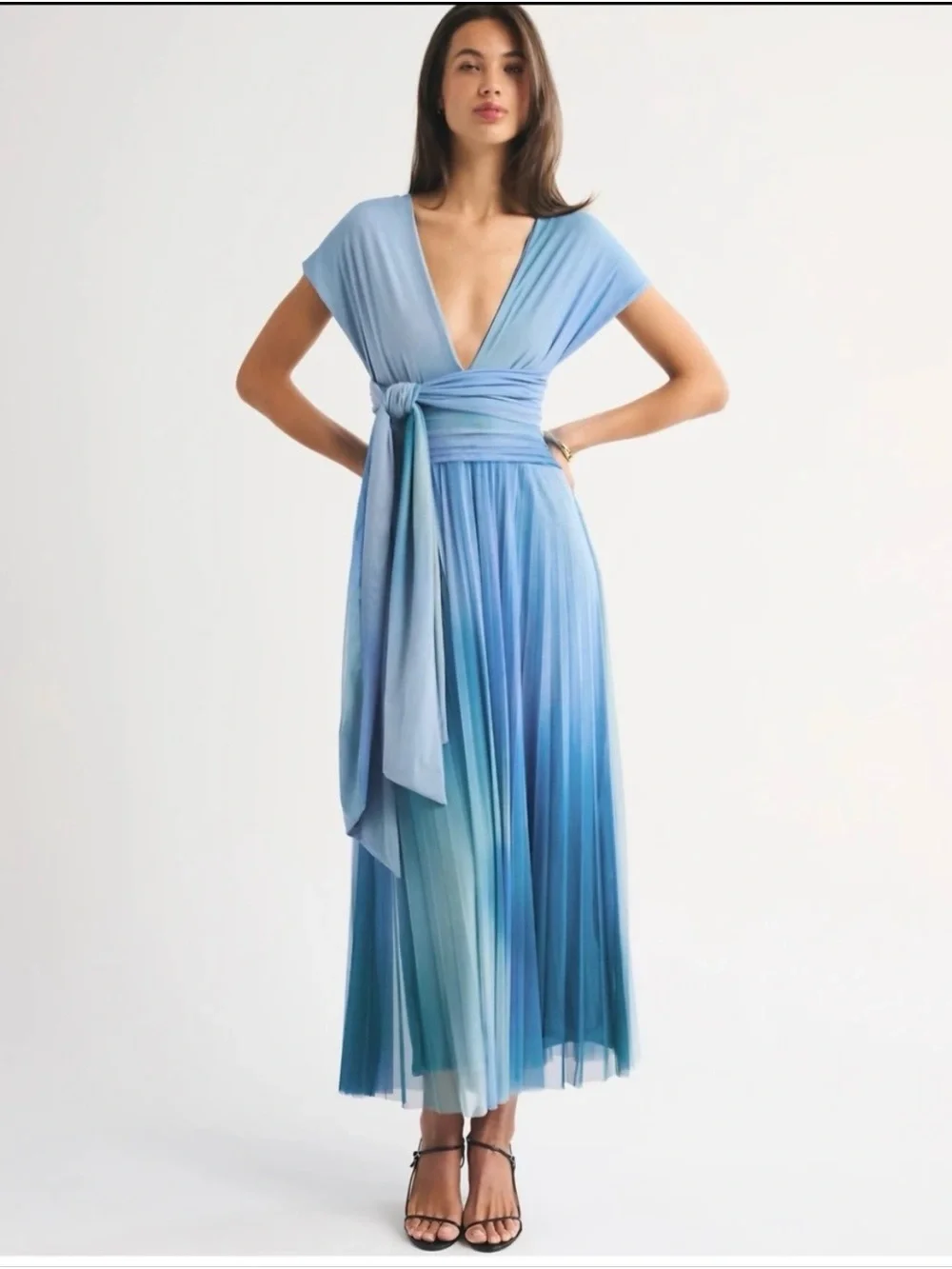 Abercrombie & Fitch Blue Ombre V-Neck Pleated Maxi Dress with Waist Tie